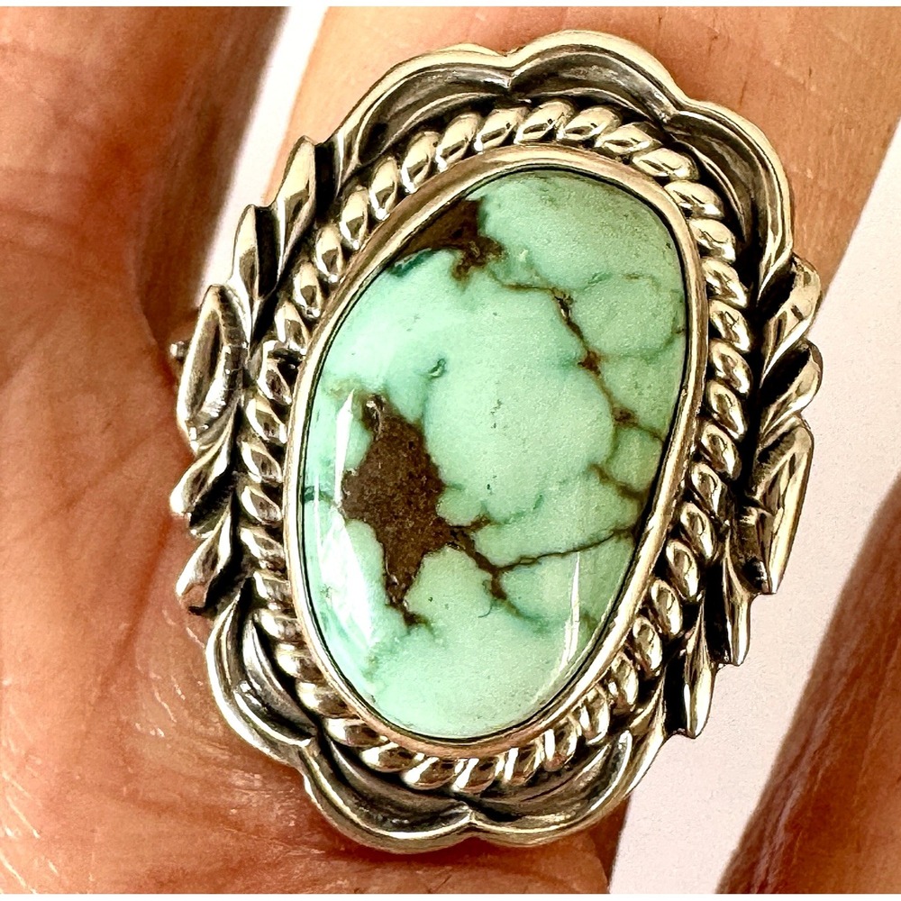 Navajo Turquoise Ring Sz 7 Signed V‎ Chee Rope Sterling Green Native American